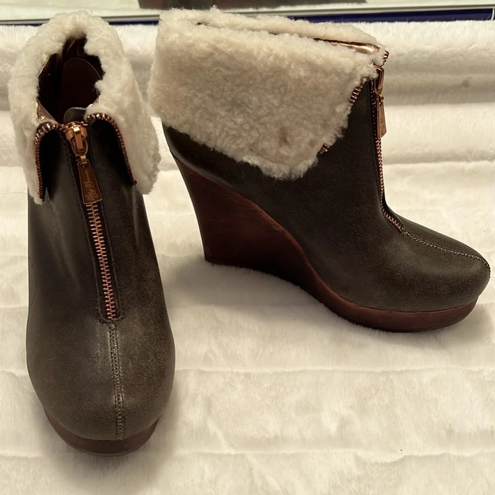 NEW Matt Bernson Brown Leather Zip Wedge Heel Bootie w/ Faux Sherpa Trim